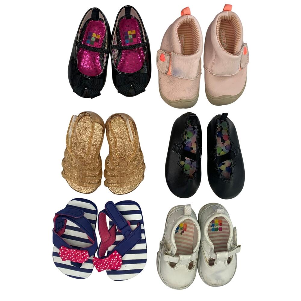 Baby Girls Lot of 6 Shoes Sizes Toddler 3 and 4 Sandals Mocassins Jellies Dress